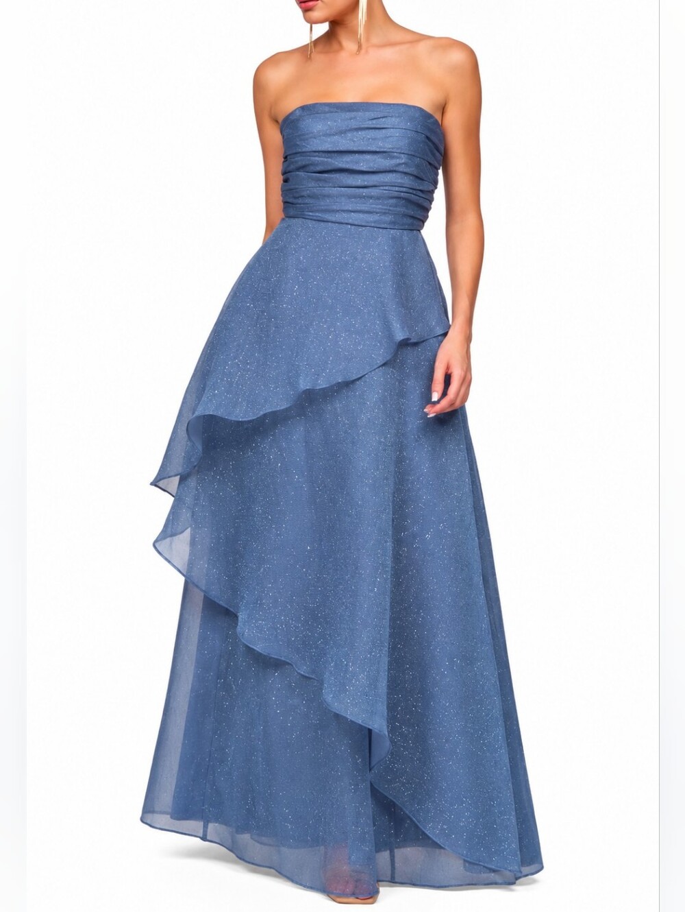 JS Collections Strapless Layered A-Line Dress in Dusty Blue Sparkle Size 10